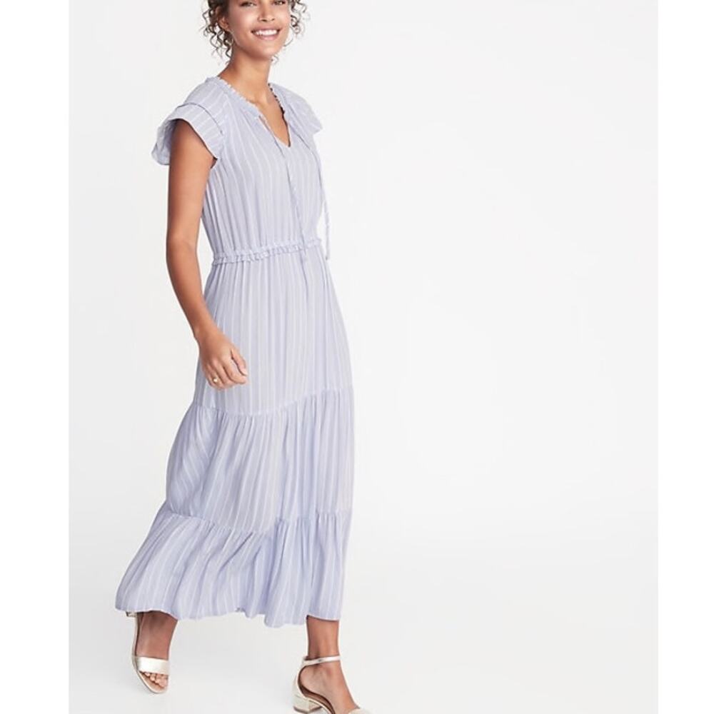 Old Navy Waist-Defined Crepe Tiered Maxi Dress Size S Blue Stripe Flutter Sleeve